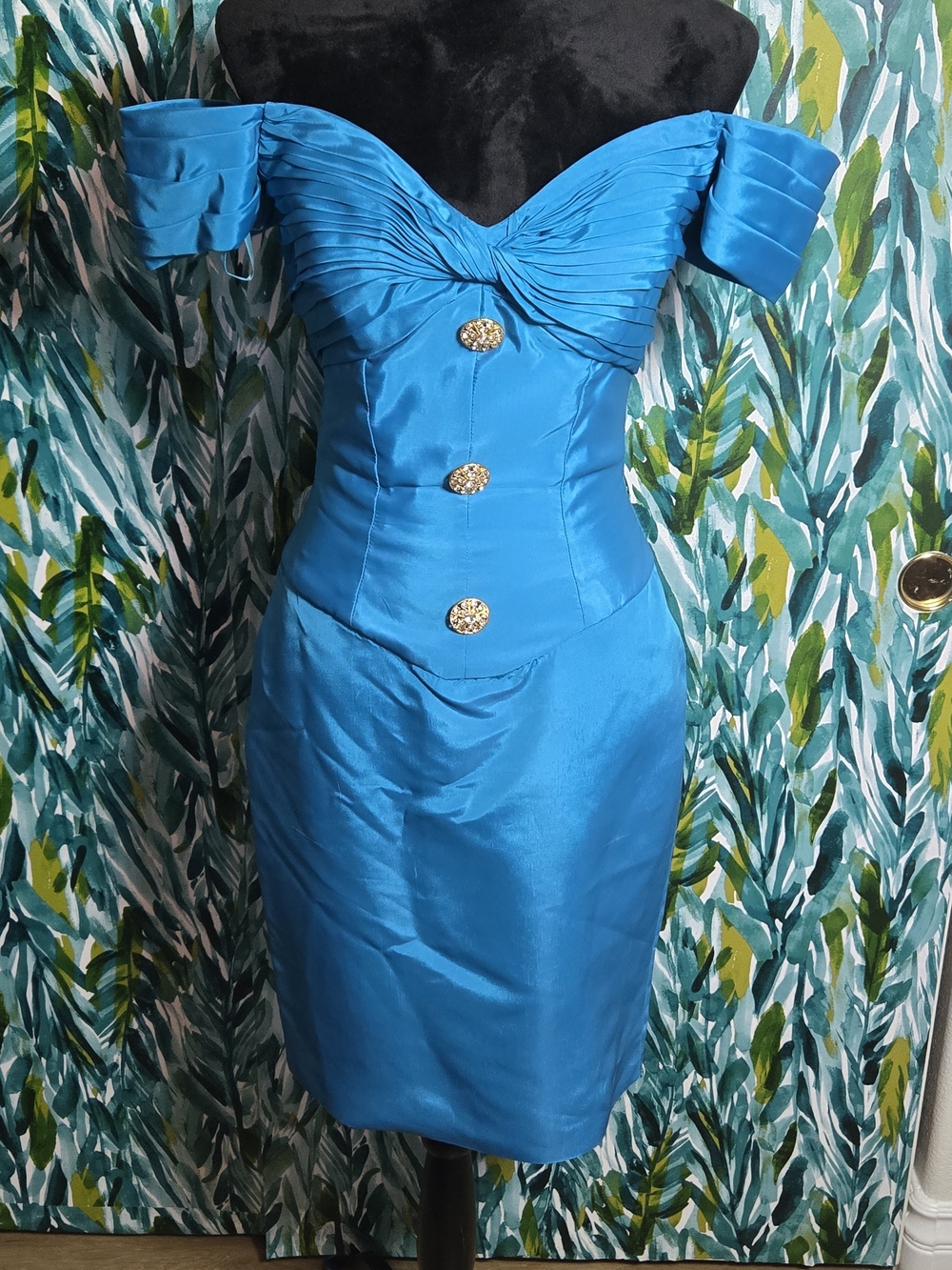 Vintage 80s Tadashi Off-The-Shoulder Ruched Cocktail Dress Blue Size 4